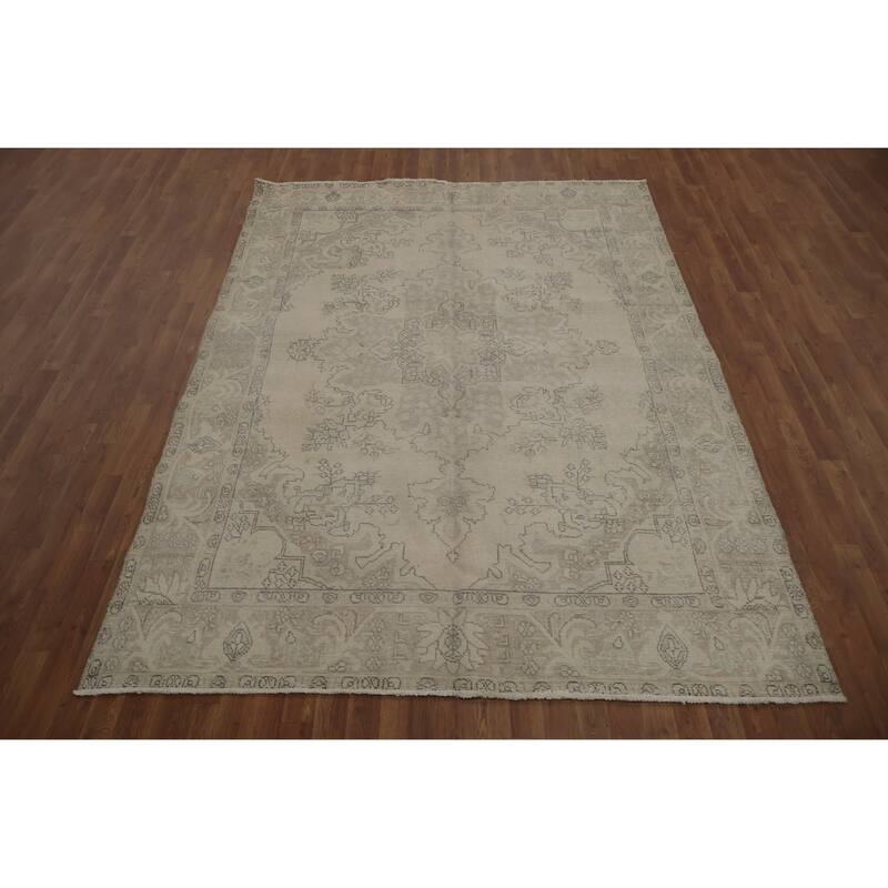 Hand Knotted Oriental 100% Wool Carpet Traditional Medallion Beige & Ivories Tabriz Area Rug - 9' 4'' X 6' 8''