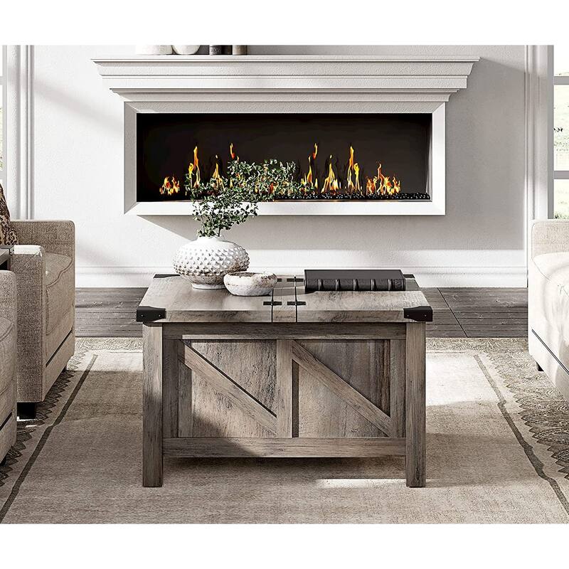WAMPAT Farmhouse Sliding Barn Door TV Stand and Coffee Table Set of 2