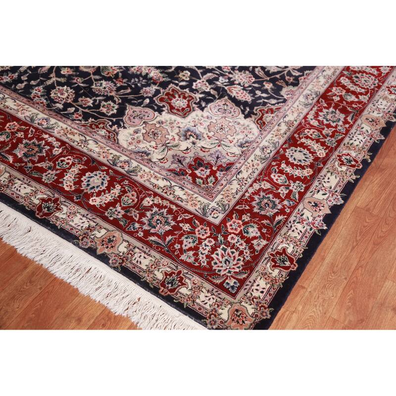 Hand Knotted Oriental Wool & Silk Carpet Traditional Floral Navy Blue & Blues Tabriz Area Rug - 9' 8'' X 7' 10''