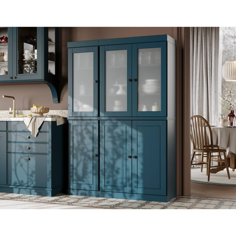 Palace Imports 100% Solid Wood 48.5" Pantry China Cabinet with Frosted Glass, Solid Wood Doors and 2-Drawers - Teal Blue