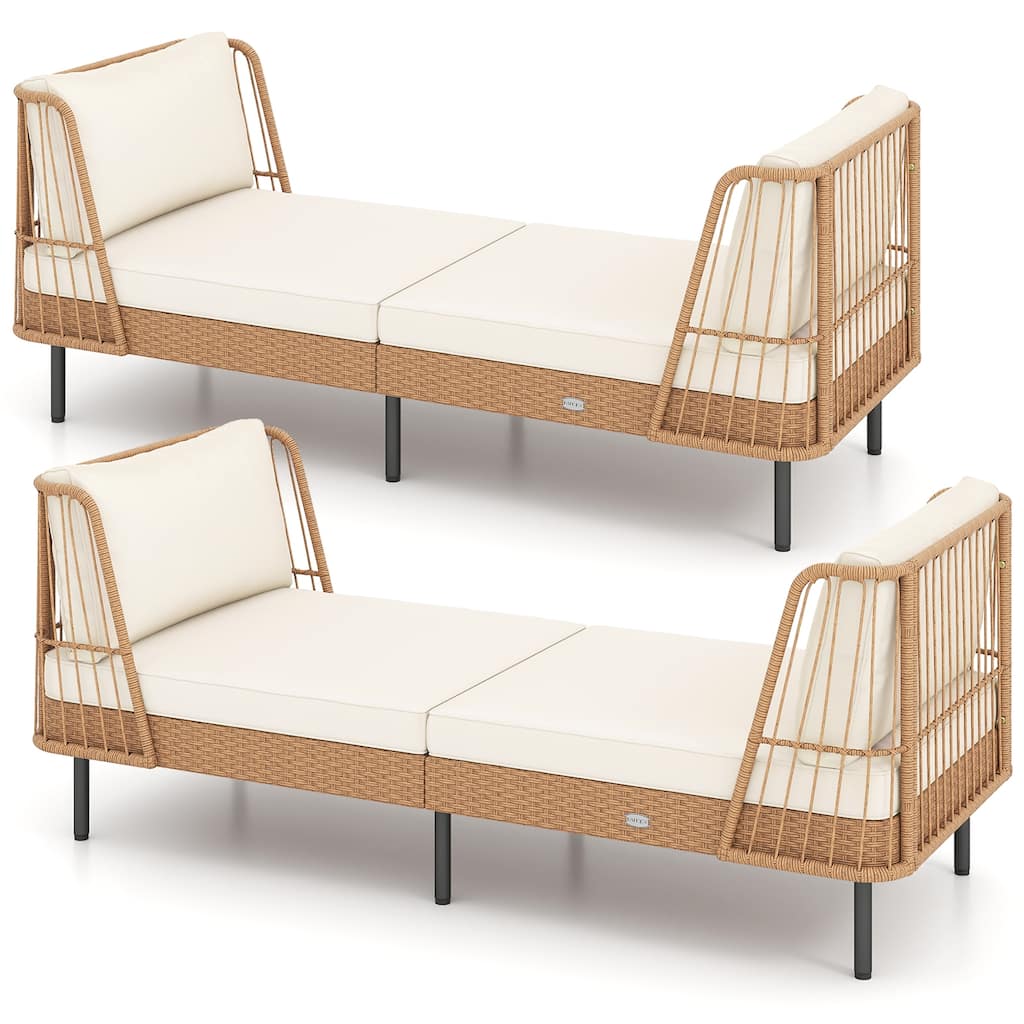 Gymax 2PCS Patio Wicker Daybed w/Seat Back Cushions Robust Metal Legs