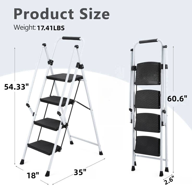 Anmytek 4 Step Folding Ladder with Wide Anti Slip Pedals and Safety Handrail Sturdy Steel Step Stool White