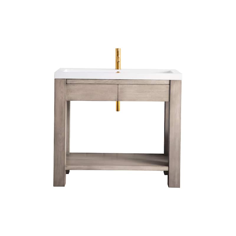 Brooklyn 39.5" Wooden Sink Console w/ White Glossy Composite Countertop - Platinum Ash