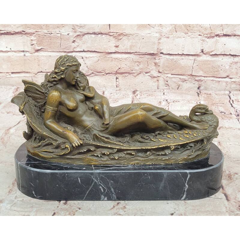Bronze Fairy And Child In Swan Boat Sculpture On Marble Base