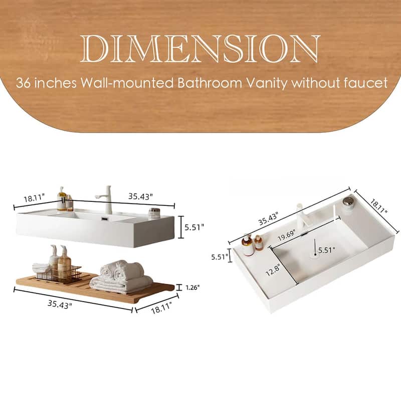 Wall-Mounted Bathroom Vanity in Natural Wood with White Integrated Acrylic Sink