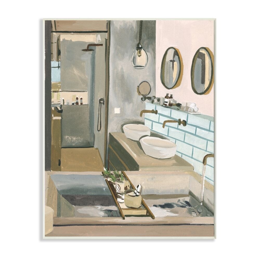 Shop Black Friday Deals On Stupell Industries Running Bath Beige Abstract Bathroom Acrylic Painting Wood Wall Art Overstock 31425118