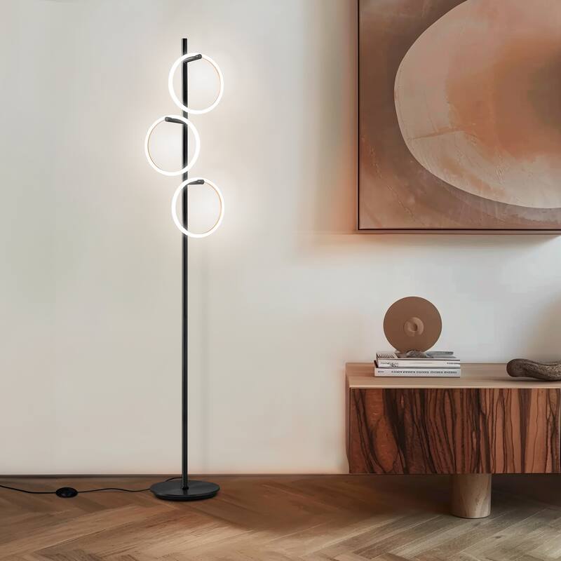 Brightech Saturn 66 in. Classic Black Industrial 3-Light Color Changing LED Floor Lamp with 3 Replaceable LED Rings