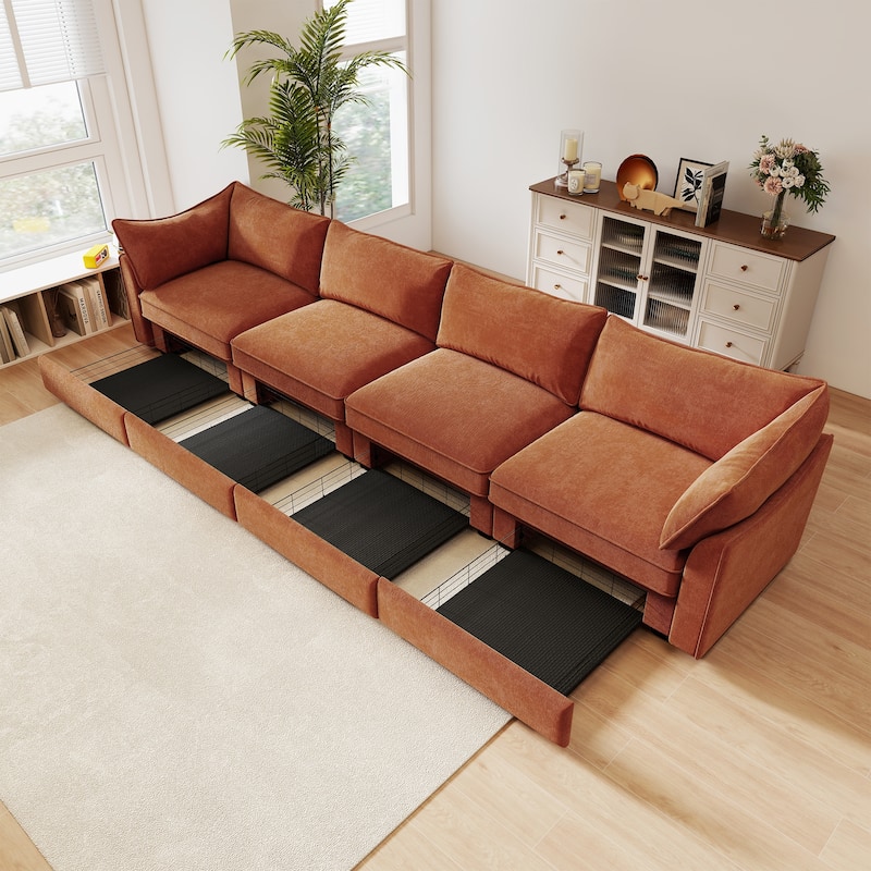 GDFStudio - Super Large 4-Seater 146.4" Chenille Sofa with Storage Pull-Out Drawers - Orange