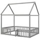 preview thumbnail 9 of 13, Full Size Wood House Bed with Roof, Fence and Door, Wooden Bedframe