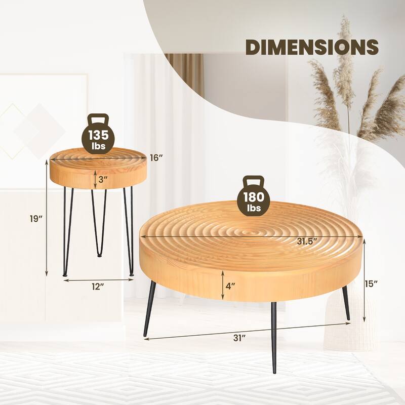 Costway Round Coffee Table Set of 2 End Table Natural Finish for - See Details