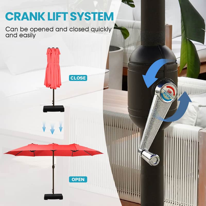 Aoodor 15ft Outdoor Double Sided Market Patio Umbrella with Base Stand
