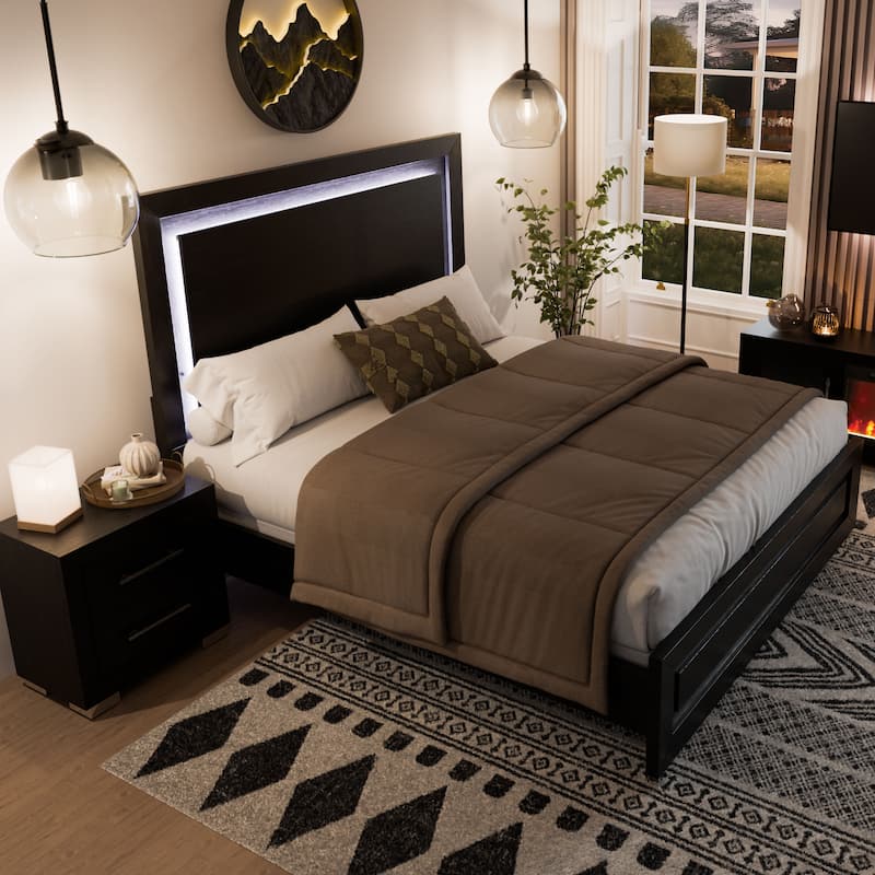 Furniture of America Alaric Modern 2-Piece Black Wood Panel Bedroom Set with LED Headboard