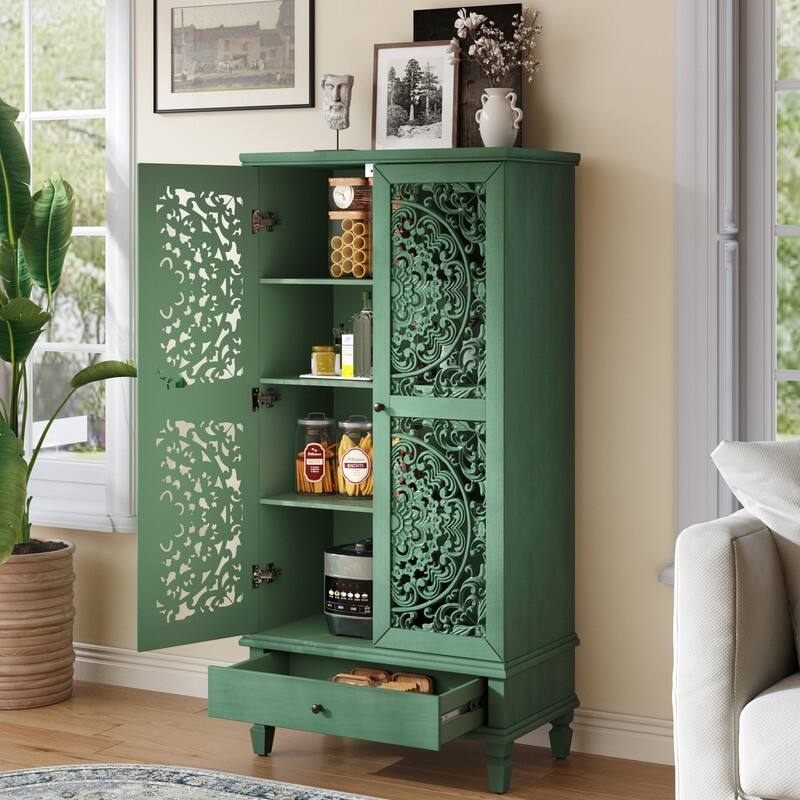 Rustic 55" Tall Storage Cabinet with Drawer, Decorative Carved Wood Accent for Living Room or Dining Area