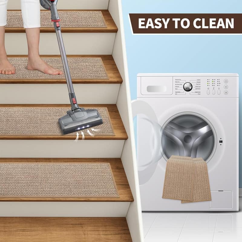 15pcs Upgraded Self Adhesive Backing Non Slip Stair Carpets, Linen Stair Treads for Indoor 30x8 in - 6' x 7'