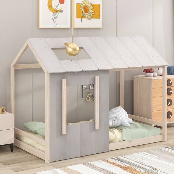 slide 2 of 9, Antique Grey Modern Twin Size House Platform Bed with Roof Skylight and Window, Solid Pine Wood Frame, Easy Assembly Antique Grey