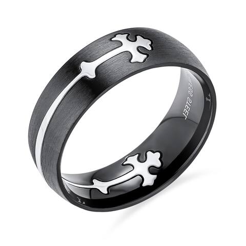 Men Maltase Fleur De Lis Cross Black Wedding Band Ring Stainless Steel