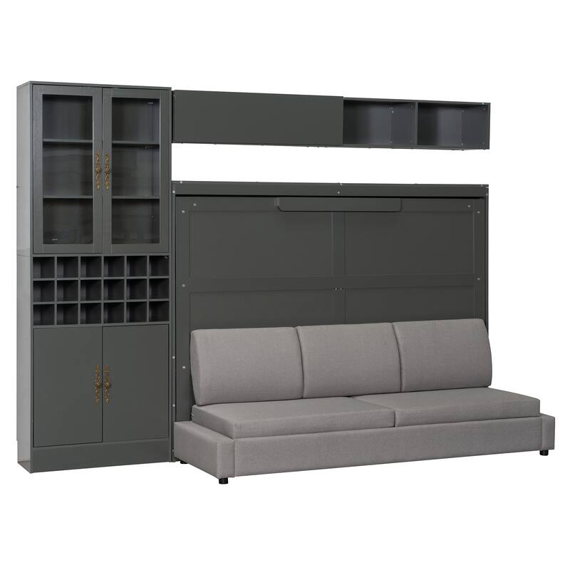 Space-Saving Full Size Murphy Bed with Sofa, Shelves, USB & Light in Gray