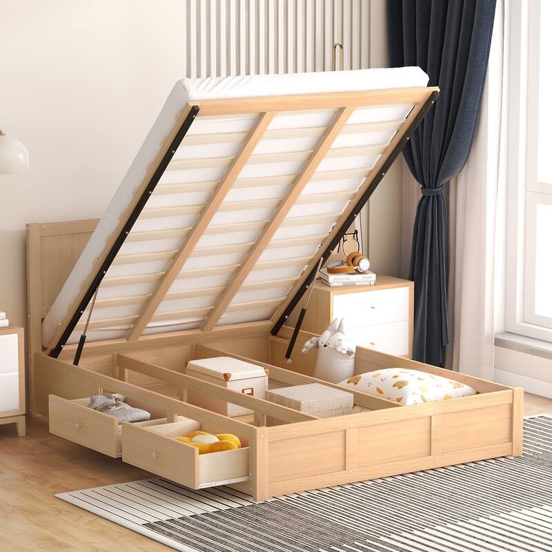 Queen/Full Wood Platform Bed Frame with Underneath Storage and Drawers, Pine Wood and MDF Construction, Easy Assembly - Wood - Full