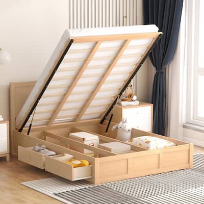 Roomfitters Full/Queen Wood Platform Bed with Spacious Underbed Storage and Hidden Compartments, Natural