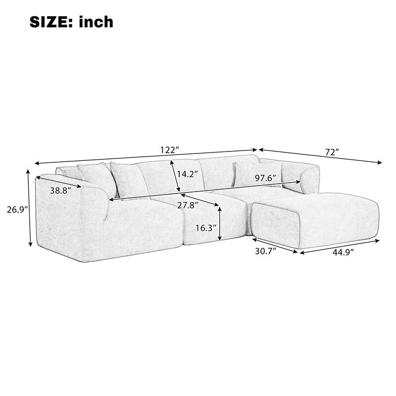 4-Seater Velvet Sofa with Detachable Footstool - Double-Needle Cut, Pure Sponge Cushions & 3 Throw Pillows for Living Room
