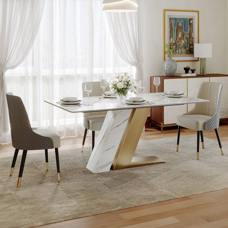 Modern and Luxury White Dining Table, with Rectangular Sintered Stone Tabletop Z-shaped Stainless Steel Base