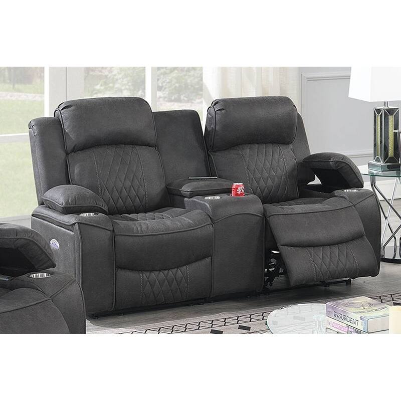 Contemporary Charcoal Gel Leatherette Power Motion Loveseat with Storage Arms and Cup Holder