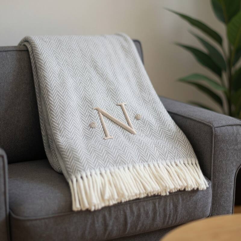 55" X 70" Gray And White Herringbone Cotton Blend A Initial Throw Blanket with Tassels And Embroidery - N