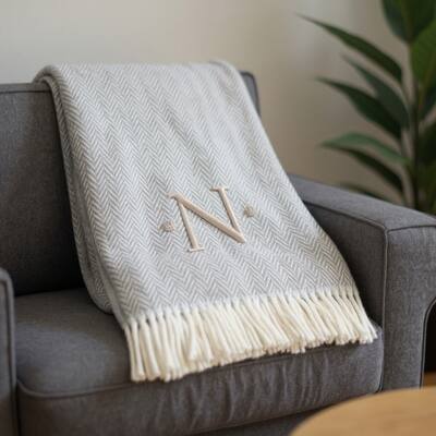 HomeRoots 55" X 70" Gray And White Herringbone Cotton Blend N Initial Throw Blanket with Tassels And Embroidery