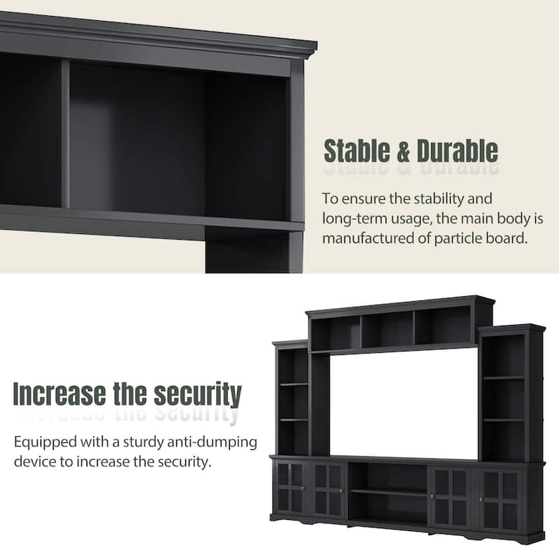 Entertainment Wall Unit with Bridge, Tempered Glass Doors for TVs Up to 70"