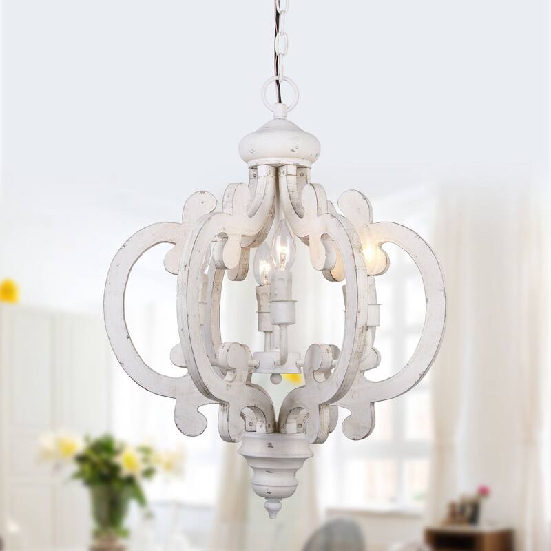 Farmhouse Antique White 6-light Wooden Chandelier - 19.7-in W x 26.8-in H