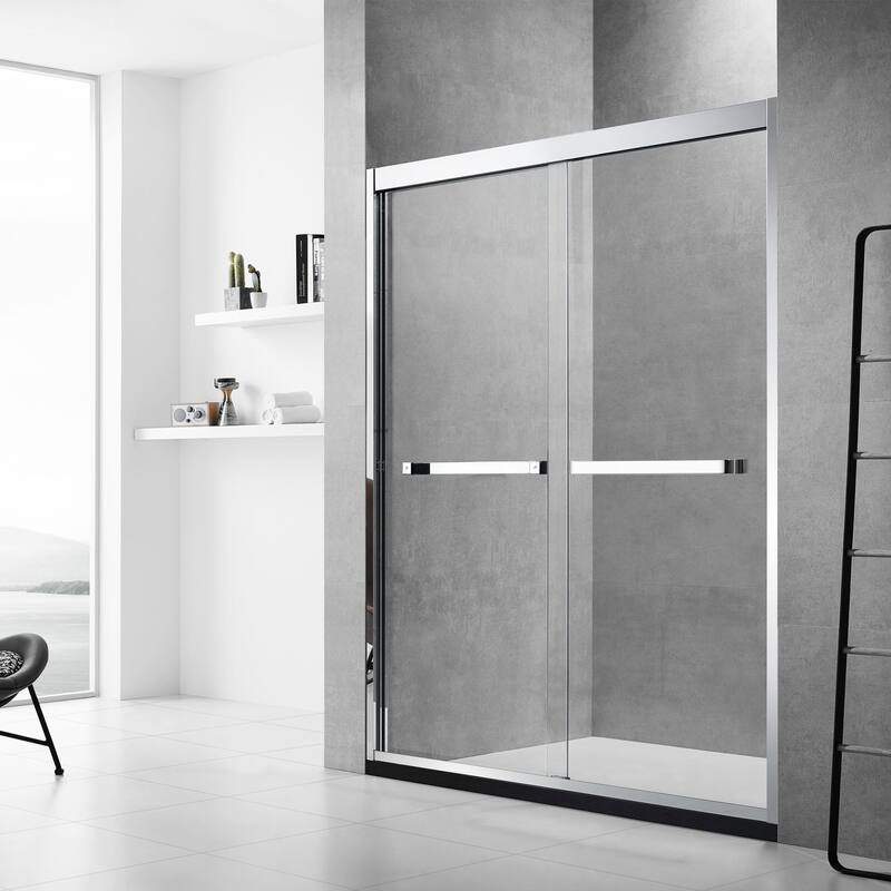 Frederick 47 in. W x 76 in. H Sliding Semi-Frameless Shower Door in Brushed Nickel with Clear Glass - 48 x 76 - 48 x 76