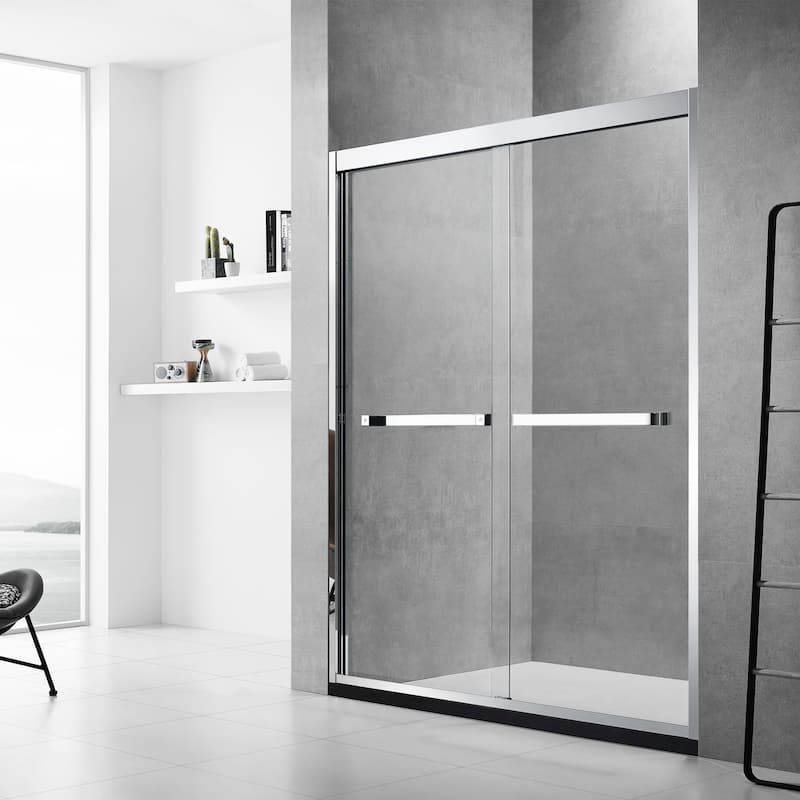 Frederick 59 in. W x 76 in. H Sliding Semi-Frameless Shower Door in Brushed Nickel with Clear Glass - 60 x 76 - 60 x 76
