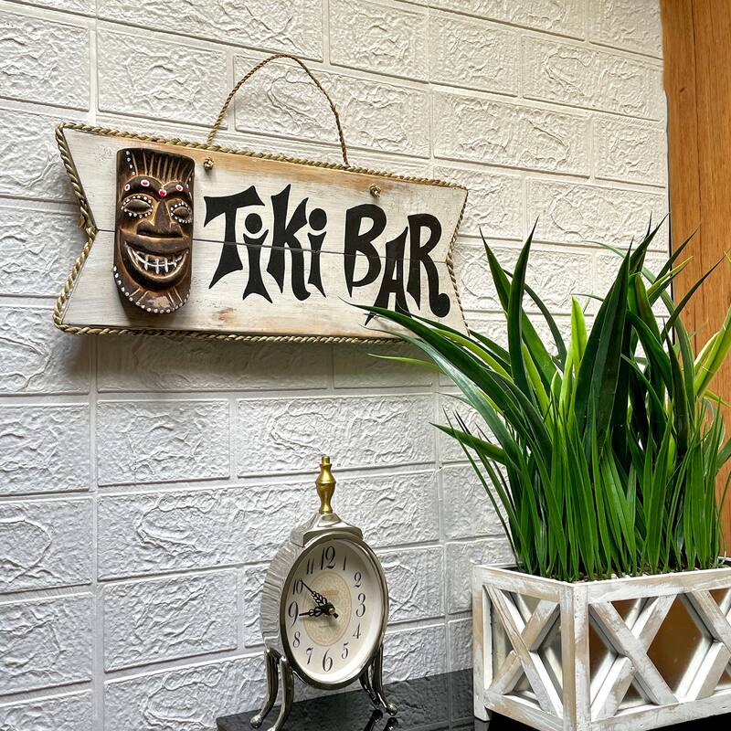 Hand Painted Rustic Tiki Bar Sign Carved Mask Rope Hanging 16X7