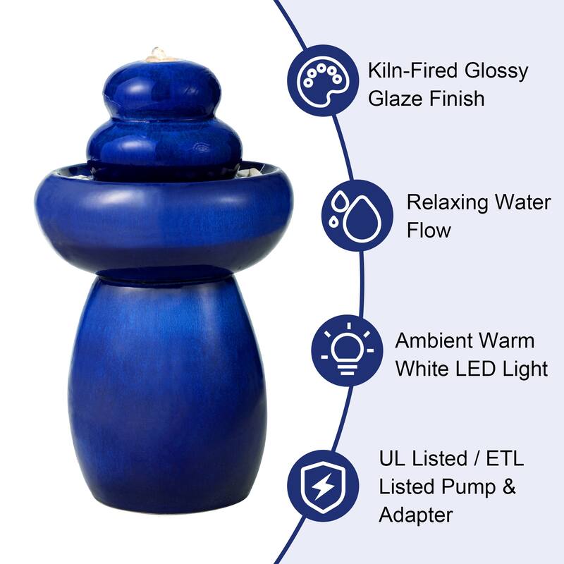 Glitzhome 22"H Zen-Style Cobalt Blue Pebbles Outdoor Ceramic Fountain with Pump and LED Light