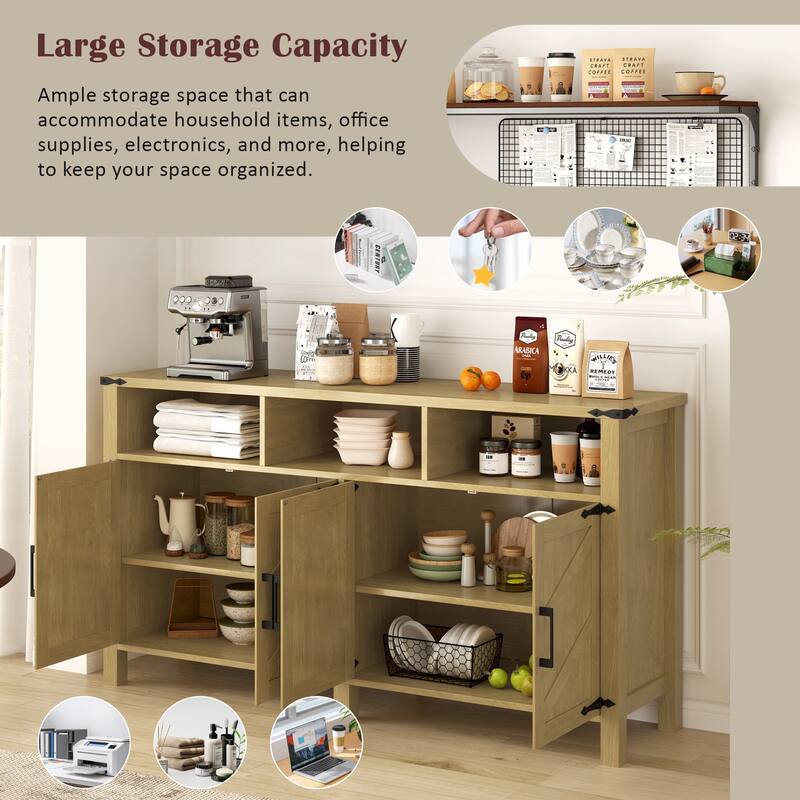 Farmhouse 4-Door Sideboard Buffet with Power Outlets and USB Ports Adjustable Shelves, for Living Room, Dining Room