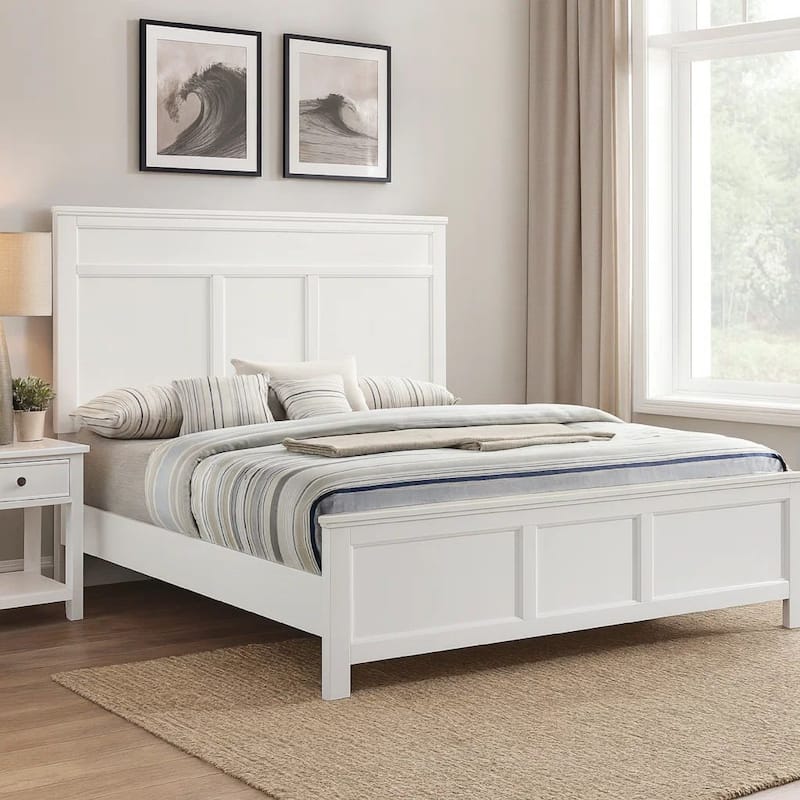 Aver Full Size Bed, Transitional Carved Panel Design, White Wood Finish