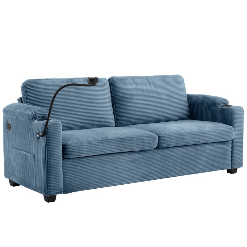 72.8" Corduroy Sleeper Sofa with Full Size Mattress and USB Ports, Loveseat Sofa with Cup Holders and Side Pockets