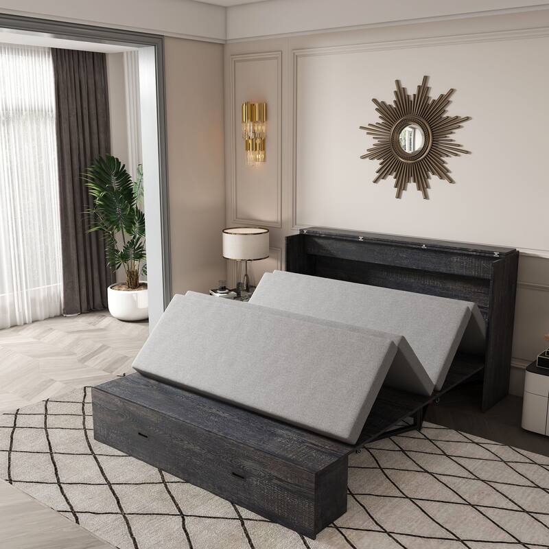 Full Size Murphy Bed, with Storage Drawers and Charging Cabinet, with Foldable Panels, with Swivel Wheels, Noise-Free