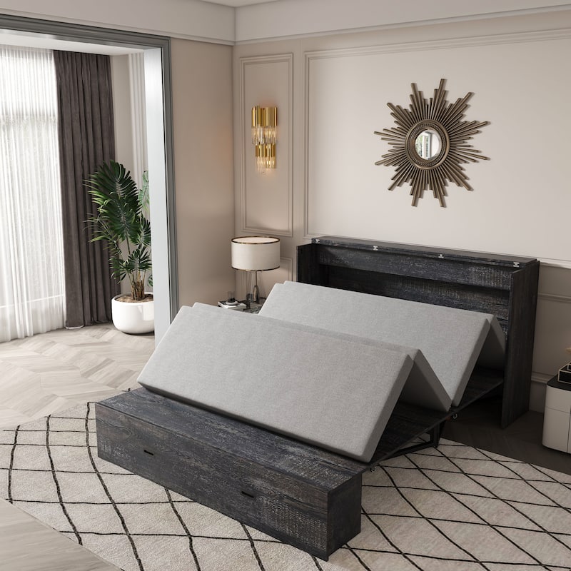 Hidden Folding Murphy Bed with Storage Drawers/Charging Station/Foldable Mattress/Full Size Mobile Cabinet Bed Frame/Noise-free