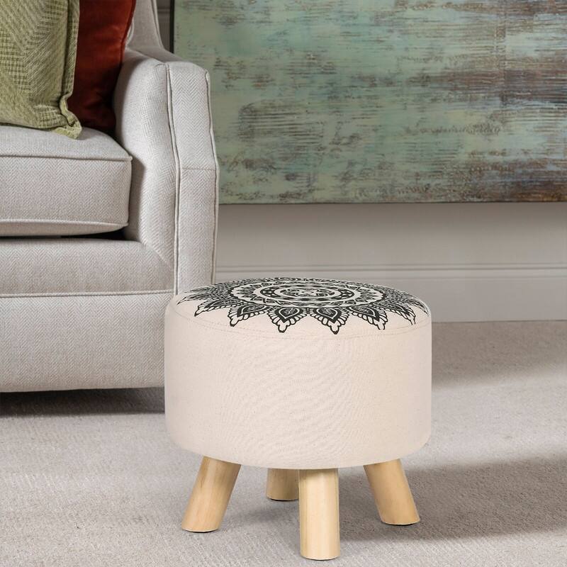 Asense Round Ottoman Foot Rest Stool Linen Fabric Padded (Set of 4)