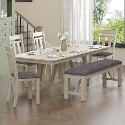 VECELO Dining Table Set with Bench, Solid Wood Rectangular Extendable Dining Table & Solid Wood Dining Chairs
