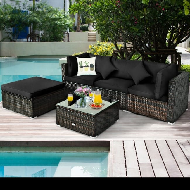 5 Pcs Outdoor Patio Rattan Furniture Set Sectional Conversation with Cushions - 29.5'' x 29.5'' x 25.5'' (L x W xH)