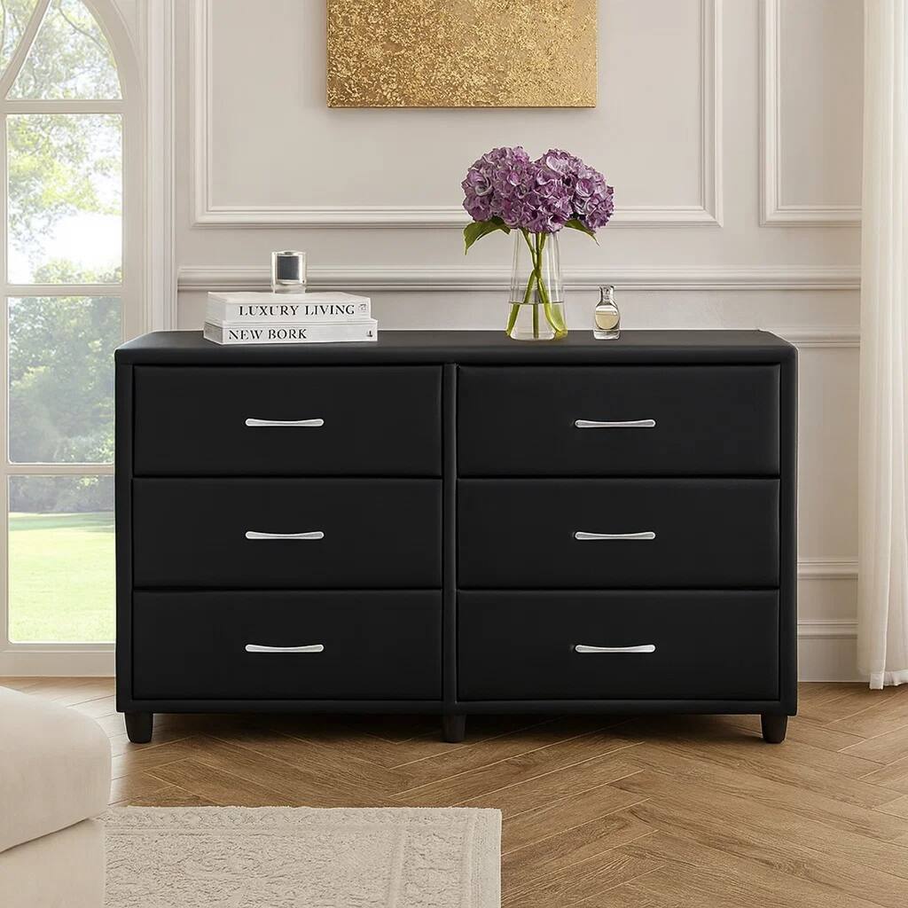 6 Drawer Dresser In Wood And PVC, Black