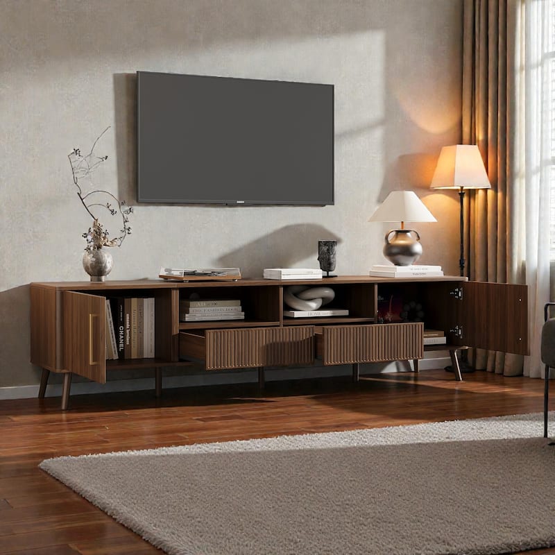 78" Modern TV Stand for TVs Up to 85", Entertainment Center with Soft-Close Doors, Open Shelf & Drawers, Solid Wood Legs