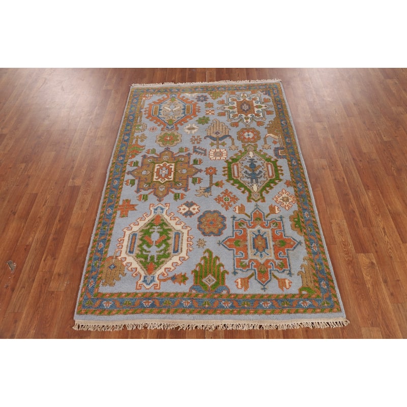 Light Blue Geometric Oushak Oriental Accent Rug Handmade Wool Carpet - 3'11" x 5'11"