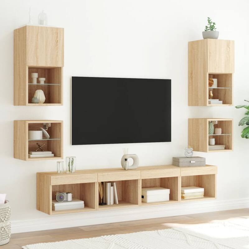 vidaXL TV Wall Cabinet Sonoma oak Engineered wood, tempered glass - 11.2 x 11.8 x 11.8 in