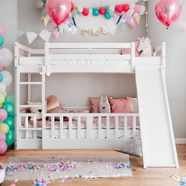 slide 2 of 13, Twin Over Twin Bunk Bed with Slide & Built-in Ladder,Muti-Functional Bunk Bed Fits Two St&ard Twin Size Mattresses White
