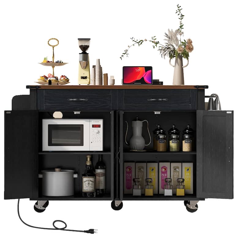 53.5'' Farmhouse Kitchen Cart with Power Outlet, Drop Leaf, Spice Rack, Two Drawers, and Five Wheels
