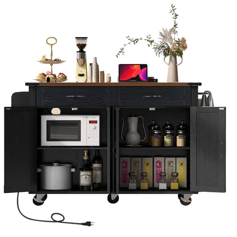 Farmhouse Kitchen Island with Power Outlet and Drop Leaf, Rolling Pantry Storage Cart with Spice Rack and Drawer for Dining Room