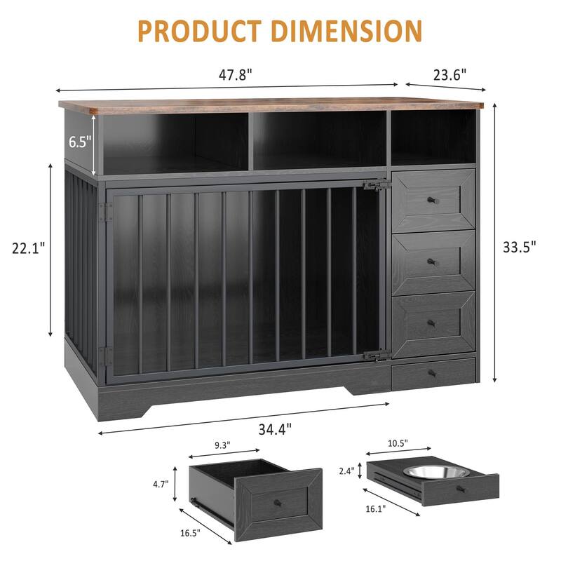 Retro Brown 48 Inch Dog Crate Furniture, Indoor Dog Kennel with Hidden Bowl
